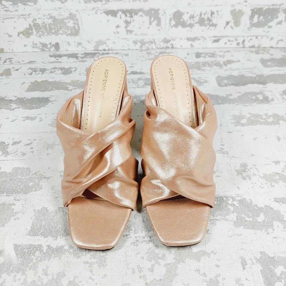 Adrienne Vittadini Genie Satin Cream Cross Band Heeled Slide Dress Sandals W1101